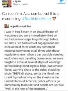 A combat vet reblogging appetitusinvictus's Tumblr post about "escalation of force" rules in the military